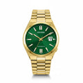 Citizen gold-tone automatic watch with a green sunburst dial, matching gold-tone metal case and link bracelet, and a date window at 3 o'clock.