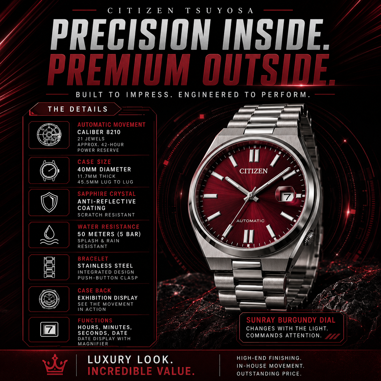 Citizen TSUYOSA NJ0150-56W 40mm Automatic Burgundy Dial Stainless Steel Watch