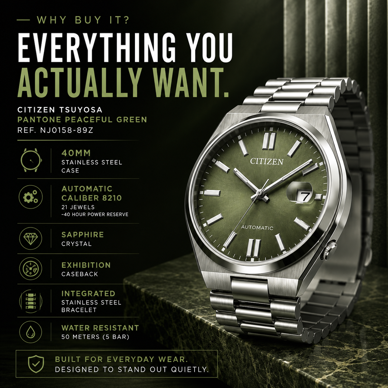 Citizen Tsuyosa Pantone Peaceful Green NJ0158-89Z 40mm Automatic Limited Edition Watch