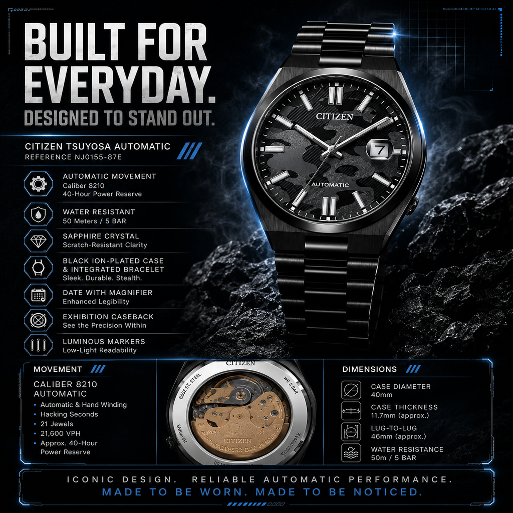Citizen Tsuyosa NJ0155-87E 40mm Automatic Black Camo Dial Watch