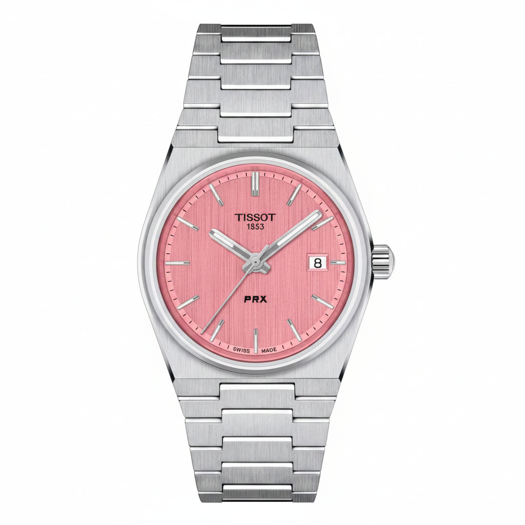 Tissot PRX watch with a brushed silver stainless steel bracelet and case, featuring a textured pink dial with silver indices and hands.