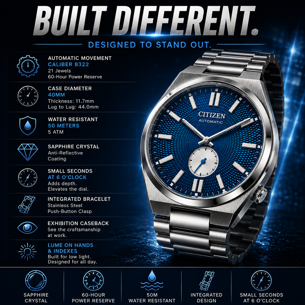 Citizen Tsuyosa Small Seconds NK5010-51L 40mm Automatic Blue Dial Watch