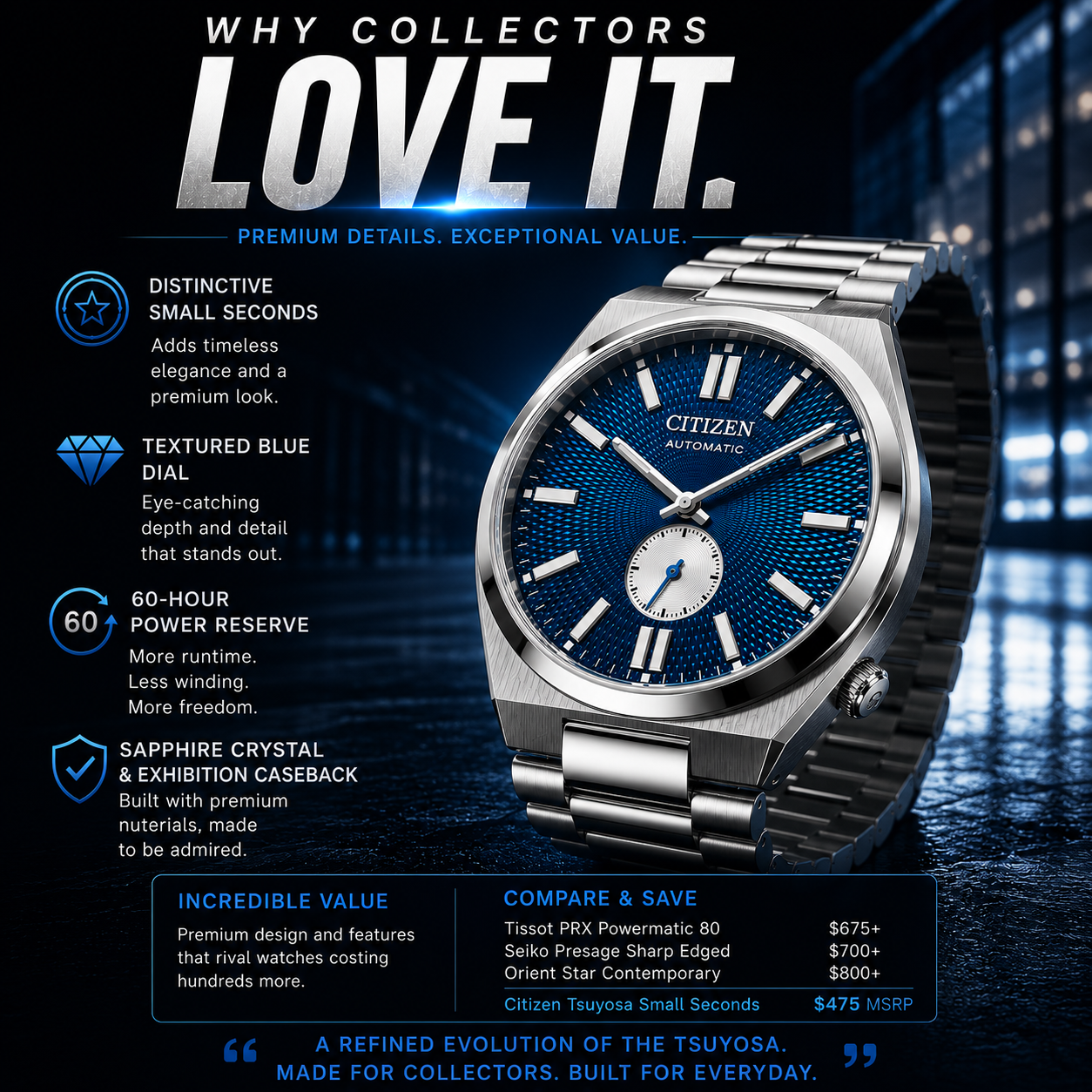 Citizen Tsuyosa Small Seconds NK5010-51L 40mm Automatic Blue Dial Watch