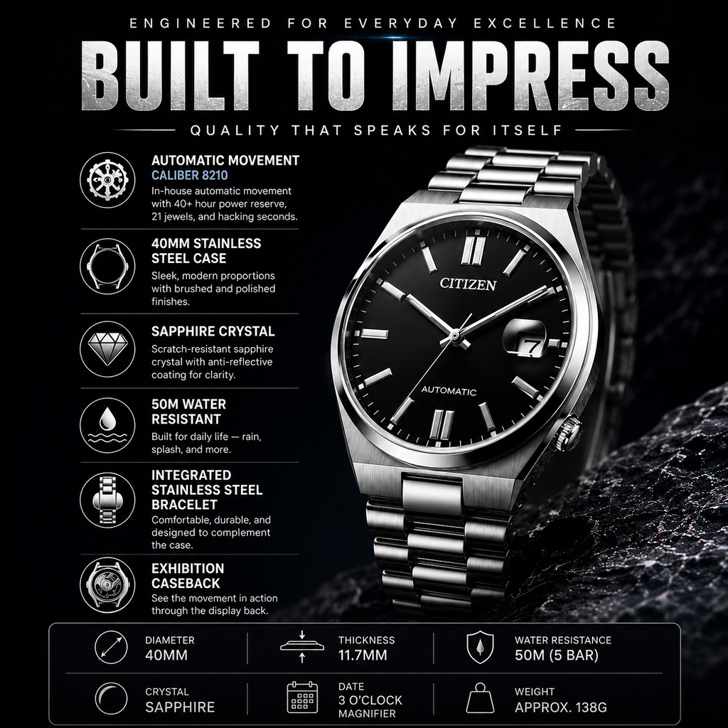 Citizen Tsuyosa Automatic Black Dial Stainless Steel 40mm Watch – NJ0150-81E