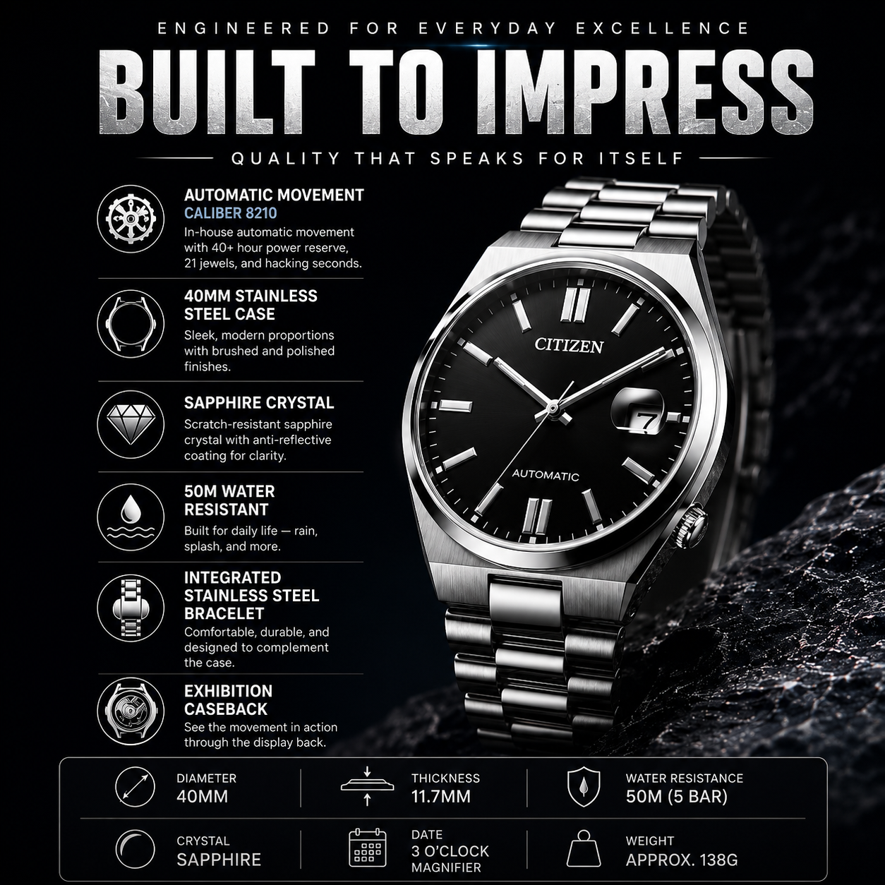 Citizen Tsuyosa Automatic Black Dial Stainless Steel 40mm Watch – NJ0150-81E
