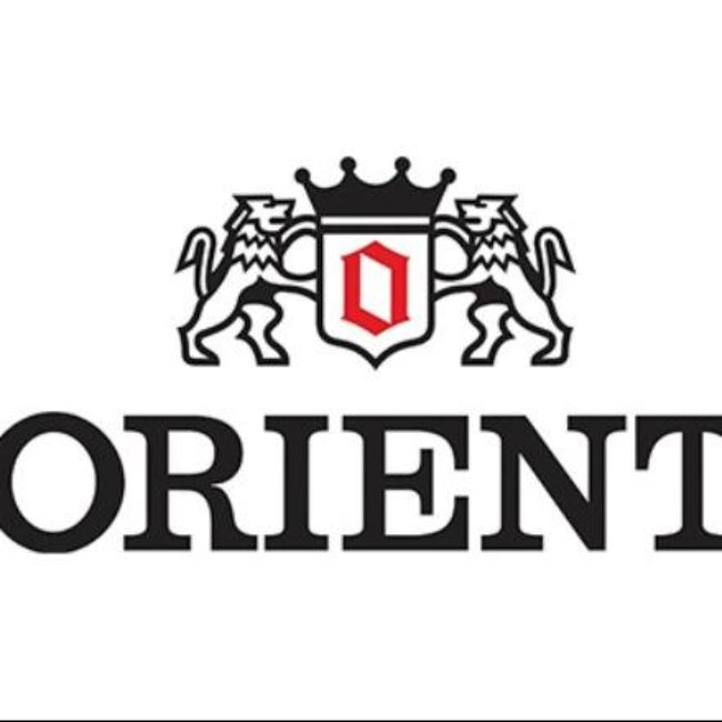 The brand logo for Orient, featuring a black crown and shield crest with a red 'O' flanked by two black lions, above the word 'ORIENT' in black serif text on a plain white background.
