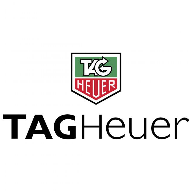TAG Heuer logo centered on a white background, with the shield-style TAG Heuer crest above the wordmark in black.