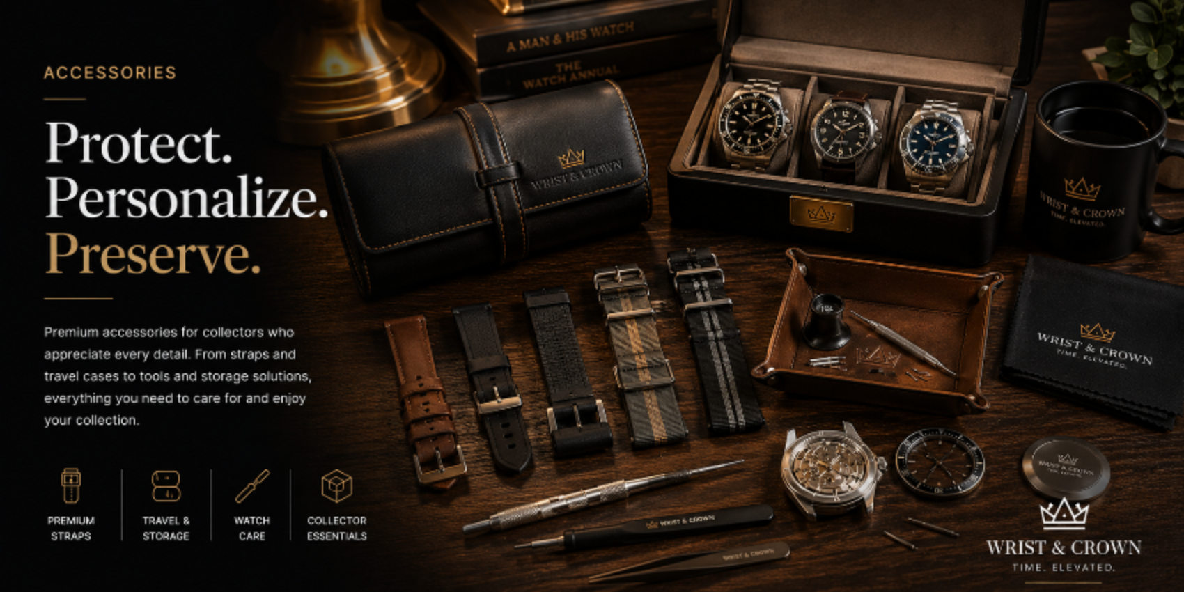 A collection of luxury watch accessories from Wrist & Crown, including leather strap cases, watch bands, a watch travel pouch, a watch display box with three watches, pens, tools, and a watch stand, arranged on a dark wooden table with promotional text.