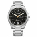 Silver Citizen watch with black dial on a white background