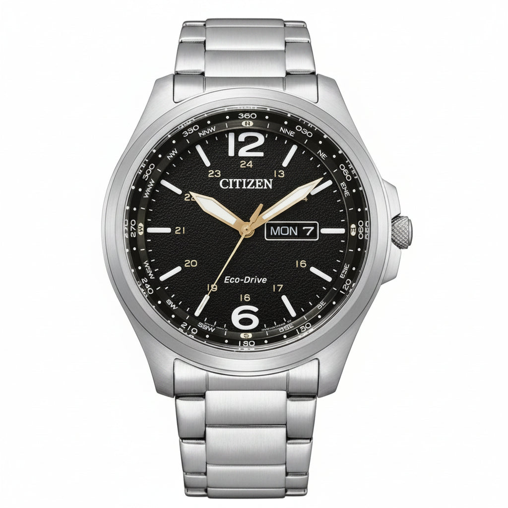 Silver Citizen watch with black dial on a white background