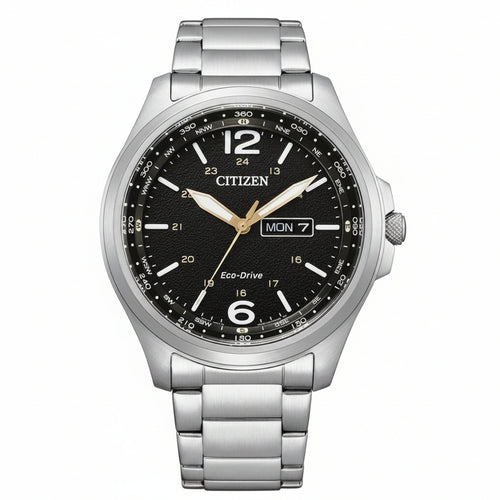 Silver Citizen watch with black dial on a white background